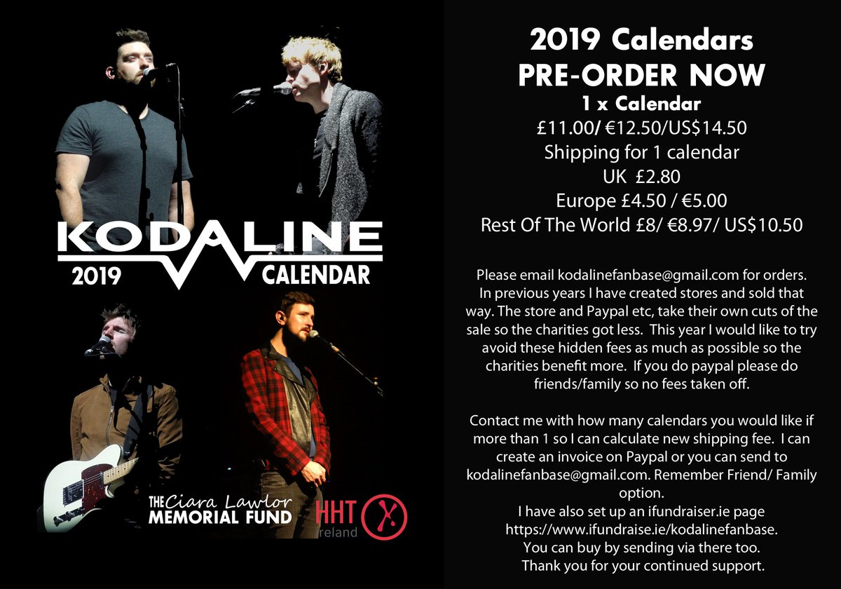 KodalineFanBase's tweet photo. The 2019 @kodaline calendars are open for pre-order.  Any questions please ask.  You can email me kodalinefanbase@gmail.com. Trying something different this year so charities benefit more.  Please share guys. Thank you for all your support.  #kodalinecalendar #kodaline https://t.co/5MzkX1Lk1O