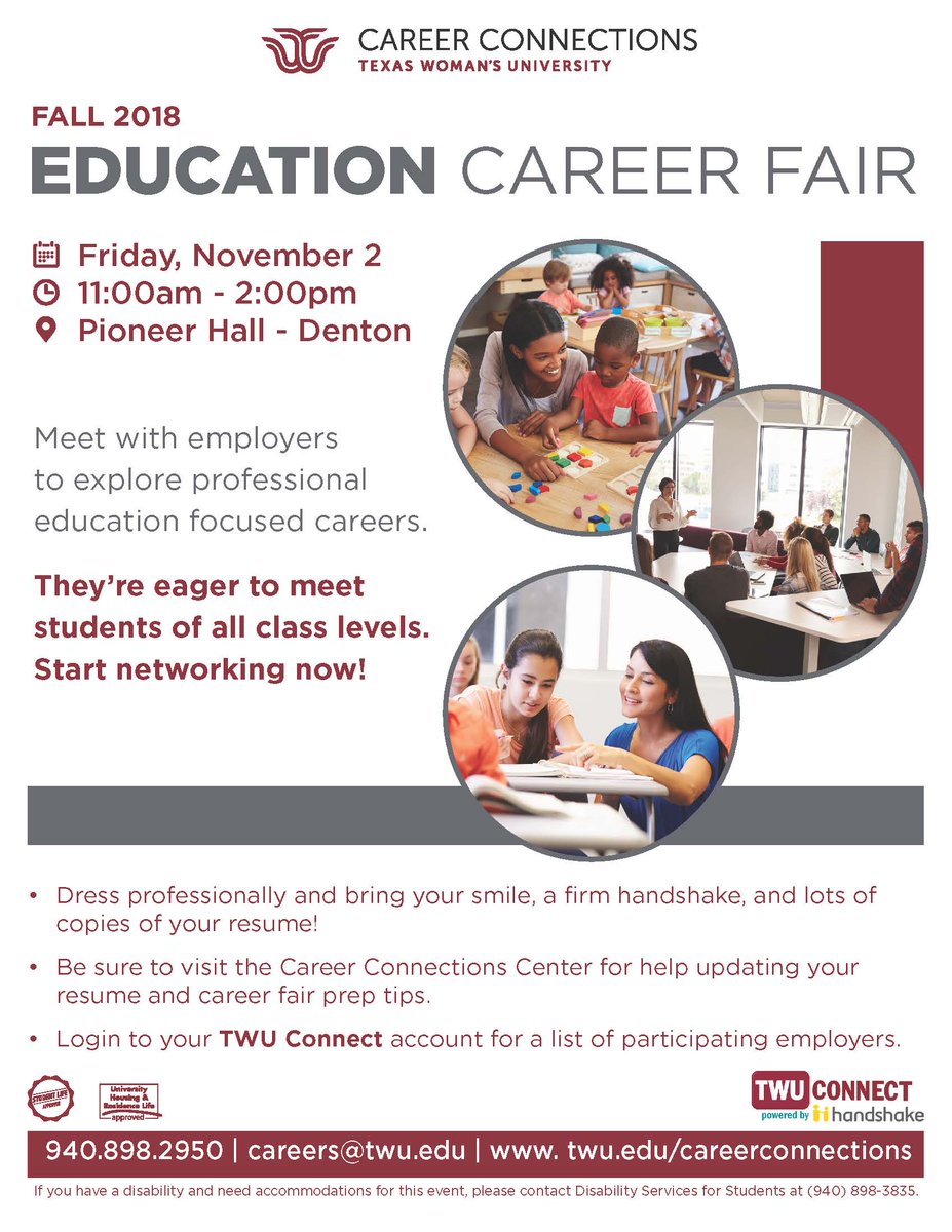 Join us for the Education Career Fair on Nov. 2 from 11-2. <a href="/twuevents/">twuevents</a> <a href="/TWUTeacherEd/">TWUTeacherEducation</a> @TWUSpecialEd <a href="/TWUCOPESupport/">TWU Office of Educator Preparation Services</a> #TXWomans