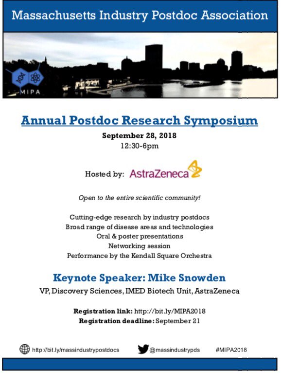 massindustrypds's tweet photo. #MIPA2018 Symposium is 2 days away only! We're very excited to host +180 #Postdocs & colleagues from +20 #Pharma #Biotech companies & #Academia across the #Boston area. Thank you to our sponsors @AstraZeneca @biogen @Merck @NEBiolabs @NovartisScience. See you all Friday! https://t.co/xh7t8iP7gL