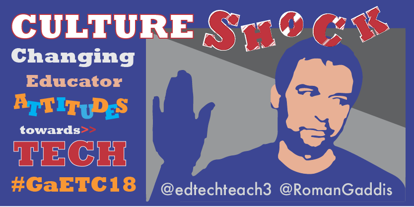 edtechteach3's tweet photo. It's been five years, but I'm back presenting @GaETConf! Join me and @RomanGaddis in discussing how to shift the attitude(s) towards TECH in your school/district! #GaETC18 https://t.co/Ika6nKfZ9M