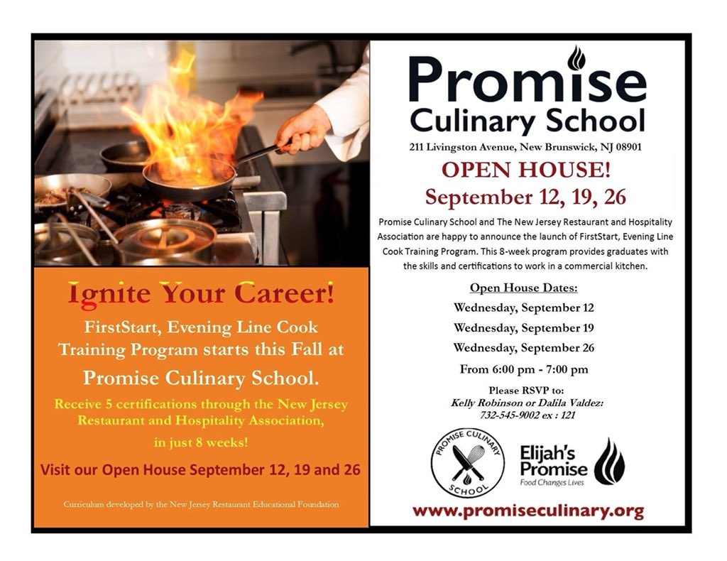 Interested in working in a commercial kitchen? Get trained and certified in only 8 weeks!

Visit our open-house TONIGHT from 6 pm - 7 pm at Promise Culinary School at 211 Livingston Ave, New Brunswick, NJ to find out how you can get started cooking in the restaurant industry.
