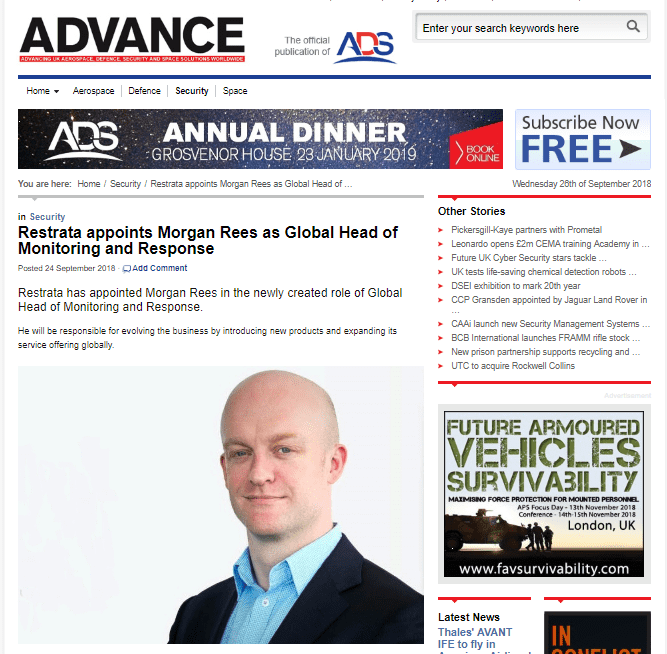 restrata's tweet photo. #MediaCoverage: We are delighted for ADS Advance to feature our collaboration with Morgan Rees, who joins the Restrata team as the Global Head of Monitoring &amp; Response. Read more: https://t.co/1M3KpvElz8 #oilandgas #solutions #security #consultancy #emergencyresponse #ADSadvance https://t.co/iiAlfIXqIq