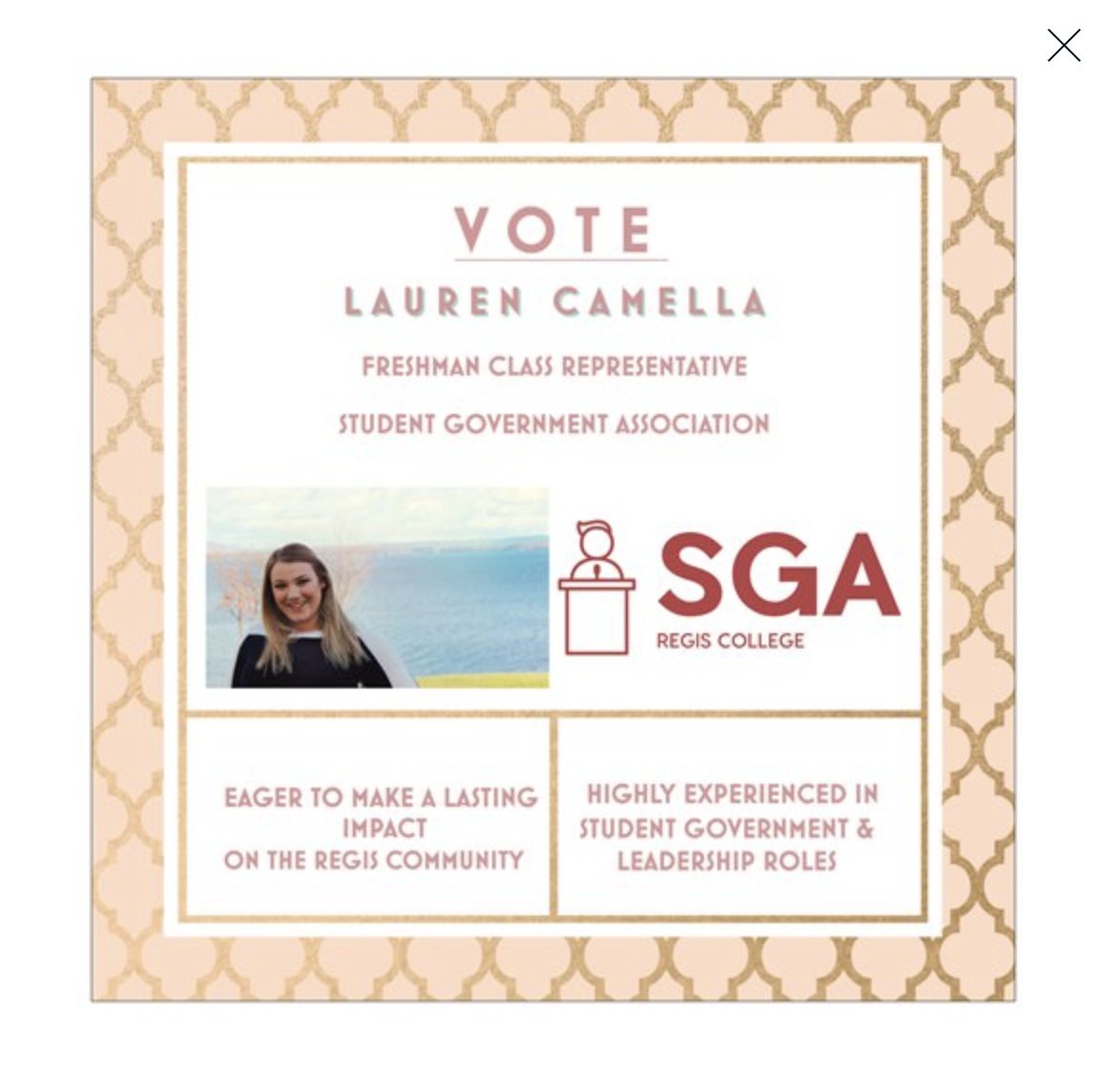 REGIS CLASS OF 2022- The Poll on RegisEngage is now open! #VoteForLauren as one of your #FreshmanRepresentatives!!! #EveryVoteMatters #WomanInPolitics #SmallCommunityBigImpact #SGA #LeadersRule #RoarPride @Regis_SGA @RegisLife_MA @RegisCollege_MA