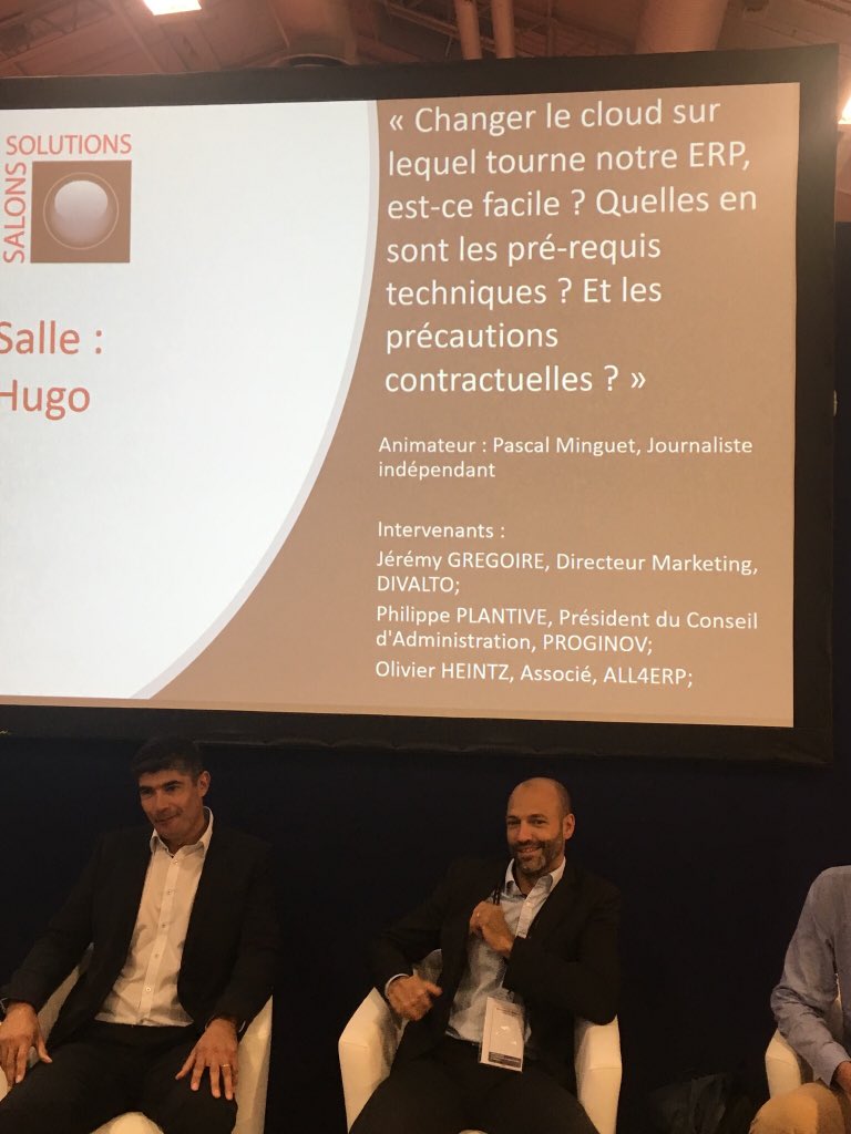 CMoulinSchwartz's tweet photo. « Changer le #Cloud sur lequel tourne notre #ERP, est-ce facile ? Quelles en sont les pré-requis techniques ? Et les précautions contractuelles ? » Conférence #SalonsSolution Animation @PMinguetCRB avec @gregoirejeremy @DivaltoErp - @p_plantive @Proginov et O. Heintz, All4ERP https://t.co/Gr9hlq2q6g