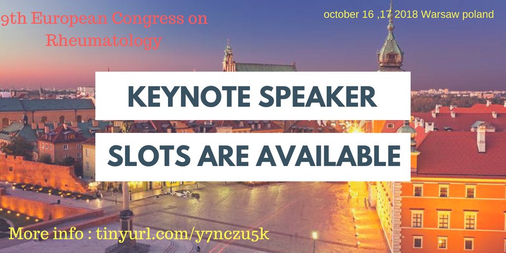 Mark your calendar on October 16-17, 2019 Warsaw, Poland 

More Info: rheumatology.conferenceseries.com      

Submit your abstract on :  #carpaltunnelsyndrome #likelihoodratio #neuropathicpain    #romatoidartrit   #henochschoenleinnefrit #osteoporosis  
#larsenscore