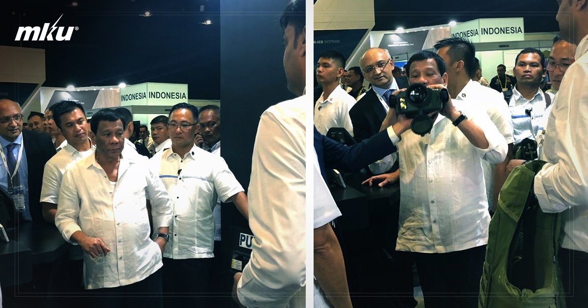 MKUofficial's tweet photo. Philippines President Rodrigo Duterte, visited the MKU booth at the on-going 3rd Asian Defense, Security & Crisis Management Exhibition & Conference (ADAS) in Philippines. The President even tried on MKU’s #NightVisionDevice during his visit. #MKUatADAS #ADAS2018 #SeetheUnseen https://t.co/gdoWem6NQC