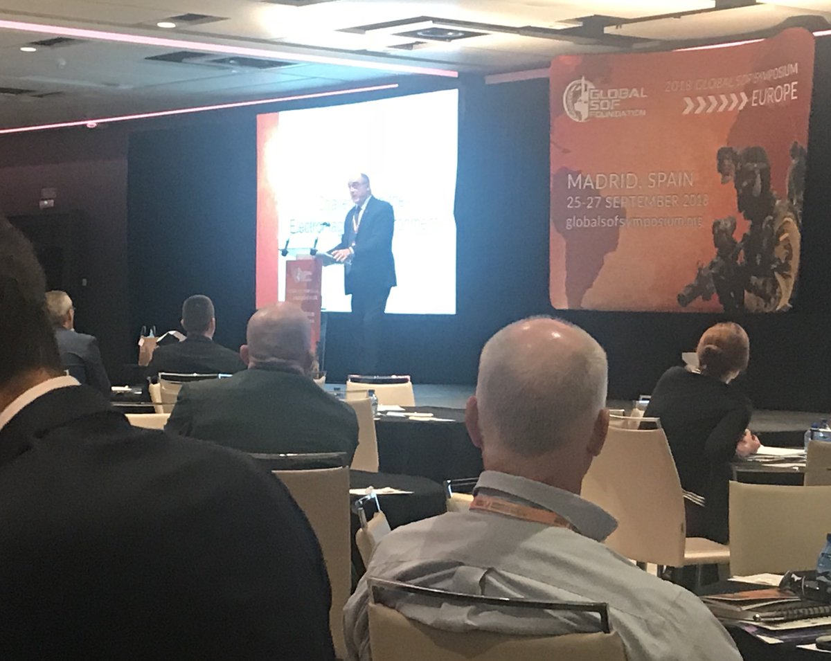GlobalSOF's tweet photo. The final session of the day (besides the Networking Reception, of course!) has begun. Don’t miss this #SOFslam from Gator Dunn of #CTLsystemware focused on Electronic Warfare. #SOFinSpain https://t.co/wgno4gUxdo