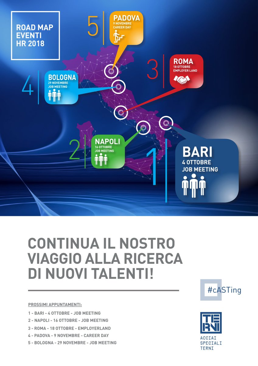 AcciaiTerni's tweet image. Continua il nostro viaggio alla ricerca di giovani Talenti! Ecco il programma dei prossimi appuntamenti, dove potrai venirci a trovare per scoprire nuove opportunità. Il primo sarà il 4 ottobre a Bari, ti aspettiamo! lnkd.in/gjzsHWH 
#cASTing #WorkwithAST #joinAST