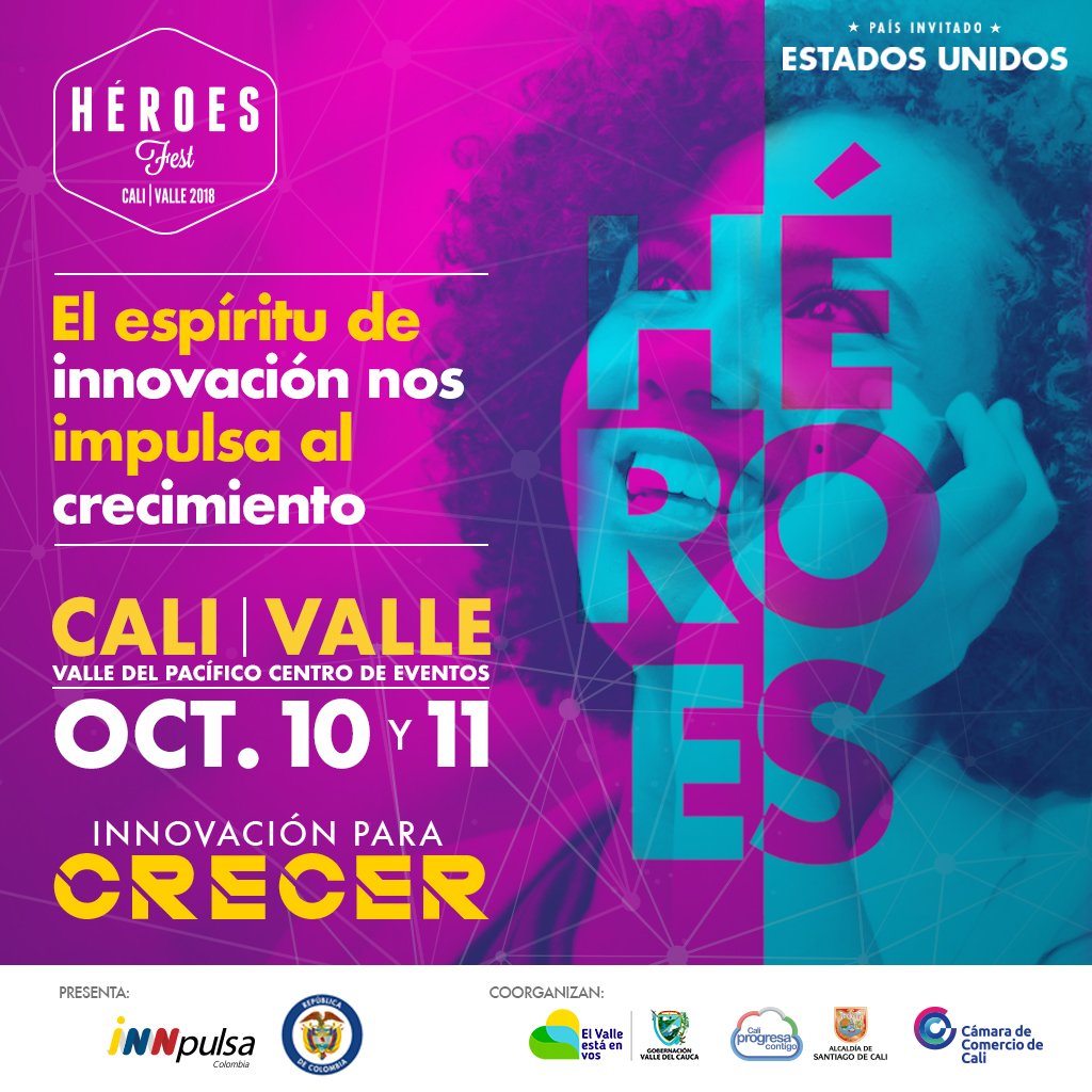 DEconomicoCali's tweet photo. El emprendimiento y la innovación son aspectos claves para el progreso de la ciudad, participa en el #HéroesFest2018 y haz parte del cambio este 10 y 11 de octubre. Inscríbete gratis en https://t.co/pBpJMqBmu1 @InnpulsaCol @AlcaldiaDeCali https://t.co/BpfERFh738