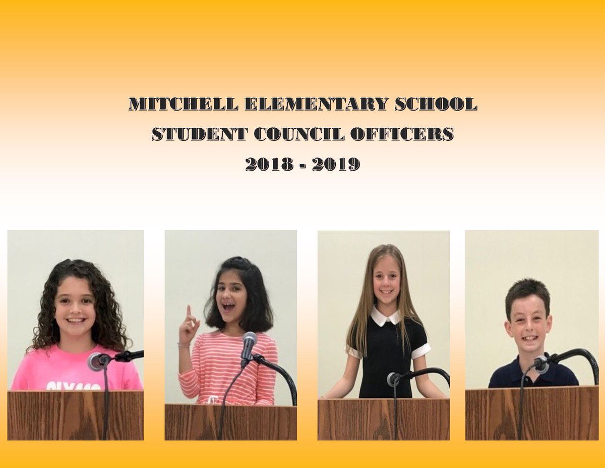 PISD_Mitchell's tweet photo. Your Mitchell Elementary School Student Council Officers for the 2018/2019 school year.
Alyssa Dolman - President
Camille Dobrient - Vice President 
Paightyn Jones - Secretary
Evan Israel - Treasurer https://t.co/0VBhQs1On5