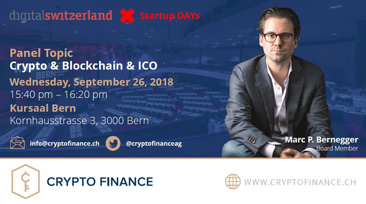 CryptoFinanceAG's tweet photo. For those of you attending the @dgt_switzerland #StartupDays Event in Bern today, our honourable Board Member, @MarcPBernegger is on the road again, and is taking part in a panel discussion about "Crypto, ICO & Blockchain".
#SUD #SUD2018 #cryptos #cryptofinance #Cryptoassets https://t.co/wjOjrXe3jT