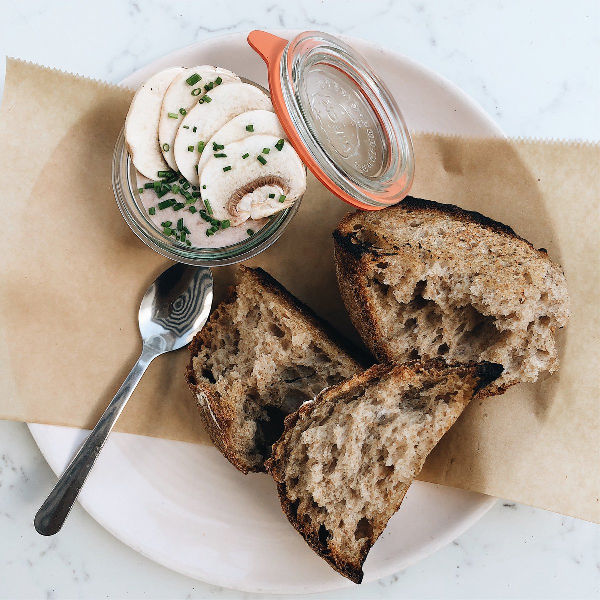 On the menu at tonight's Loire Valley Wine Dinner: A delish mushroom rilette w/grits bread &amp; pickled champignon mushrooms, paired with a 2016 Domaine de l’Ecu Muscadet Sèvre et Maine Orthogneiss. Wanna check out the rest of the menu and make resy?! Do it: ow.ly/Z6s630lYP3x