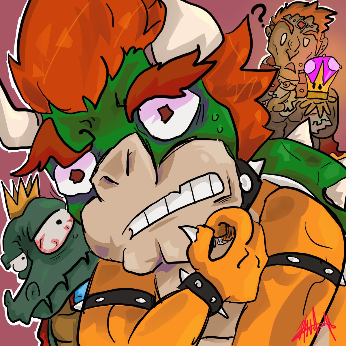 WachaAlPharoh's tweet photo. Since the #Bowsette is still in full swing I thought I’d let my messy digital art shine a bit with my take on the meme, #Gannette though. (The basic idea was Bowser trying to sneak the crown into the item’s list in smash ultimate.) #doodle #nintendo https://t.co/OYPxCk7RDl