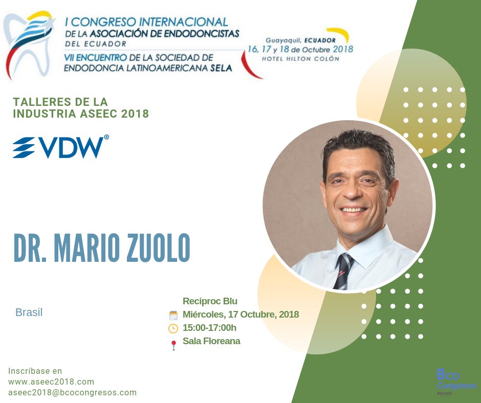 ASEEC2018's tweet photo. 📣El Dr. Mario Zoulo estará dictando uno de los talleres de la industria en el #Congreso #ASEEC2018
Incribase a través del siguiente enlace:
https://t.co/N8SgoTK2BX … … …
Las plazas son limitadas, 20 personas por taller
#endodoncia #dental #Guayaquil #Ecuador https://t.co/NCfRMnVCS4