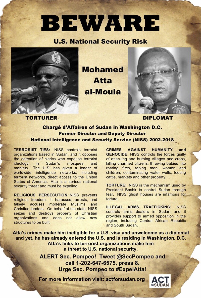 Act For Sudan (@actforsudan) on Twitter photo Attention <a href="/SecPompeo/">Secretary Pompeo</a> @SenateHSGACDems <a href="/NatSecCNN/">CNN NationalSecurity</a> fmr NISS Dir. Mohammed Atta al-Moula serves as #Sudan’s top diplomat in DC yet crimes make him a #nationalsecurityrisk and ineligible for US visa. #ExpelAtta <a href="/VP/">Vice President JD Vance</a> <a href="/StateDept/">Department of State</a> <a href="/SecNielsen/">Secretary Kirstjen M. Nielsen</a> <a href="/nikkihaley/">Nikki Haley</a> <a href="/McFaul/">Michael McFaul</a> <a href="/SenRonJohnson/">Senator Ron Johnson</a> Attention <a href="/SecPompeo/">Secretary Pompeo</a> @SenateHSGACDems <a href="/NatSecCNN/">CNN NationalSecurity</a> fmr NISS Dir. Mohammed Atta al-Moula serves as #Sudan’s top diplomat in DC yet crimes make him a #nationalsecurityrisk and ineligible for US visa. #ExpelAtta <a href="/VP/">Vice President JD Vance</a> <a href="/StateDept/">Department of State</a> <a href="/SecNielsen/">Secretary Kirstjen M. Nielsen</a> <a href="/nikkihaley/">Nikki Haley</a> <a href="/McFaul/">Michael McFaul</a> <a href="/SenRonJohnson/">Senator Ron Johnson</a>