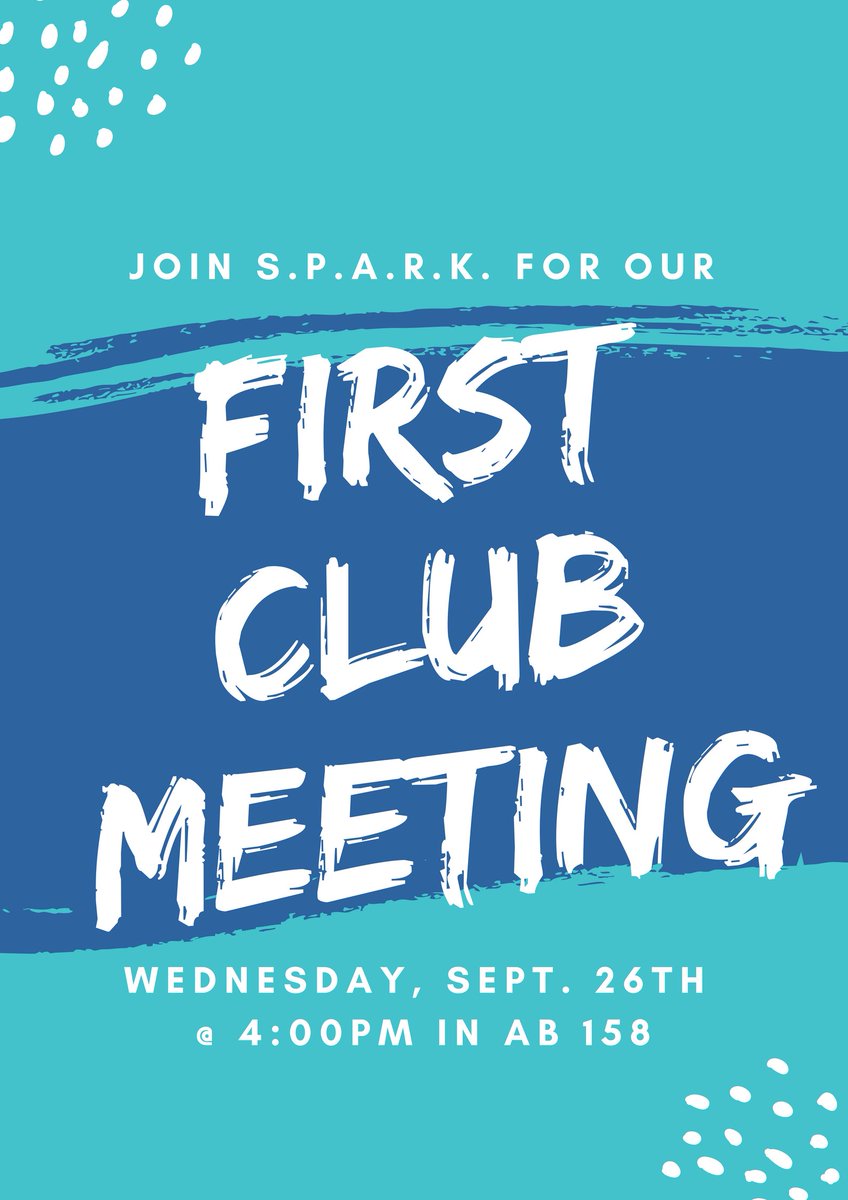 aqspark's tweet photo. Our very first club meeting of the year is TODAY in AB 158 at 4:00pm! We hope to see you there to discuss our plans for the year. There will be pizza! https://t.co/bYEIQLNWJQ