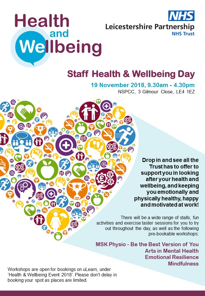 Are you dropping-in to our annual staff health &amp; wellbeing event? It'll be a fun day full of stalls, activities and exercise taster sessions for you to get involved in - as well as some workshops which are now open for bookings on uLearn. You won't want to miss this... #LPTHWB
