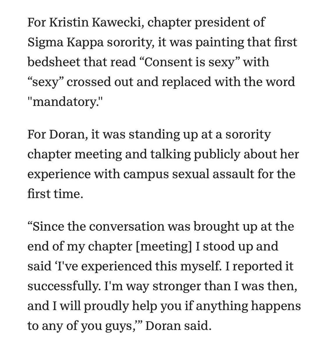 Excerpt highlighting how the first banner said “Consent is sexy” with “sexy” crossed out and replaced with the word mandatory.