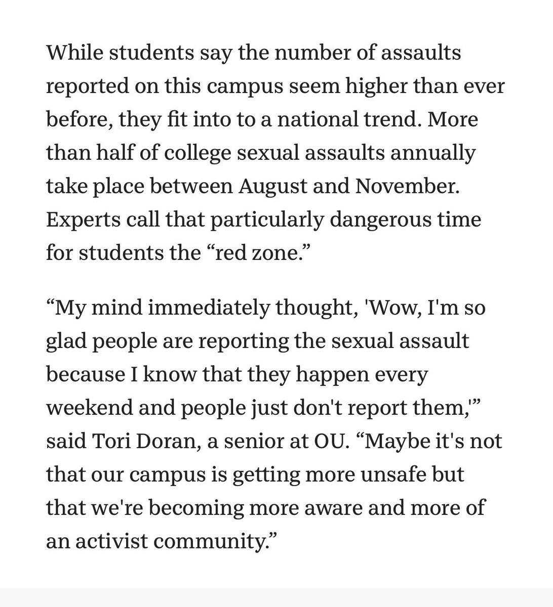 Excerpt from the article highlighting how half of college sexual assaults annually take place between August and November.
