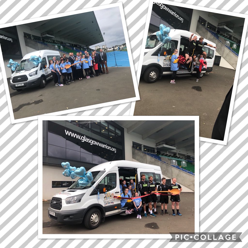 The Livingston James Group alongside the Wooden Spoon ( children’s charity of Rugby) and some of the Glasgow Warriors present Who Cares? Scotland with their mini bus at Glasgow Warriors stadium in Scotstoun.