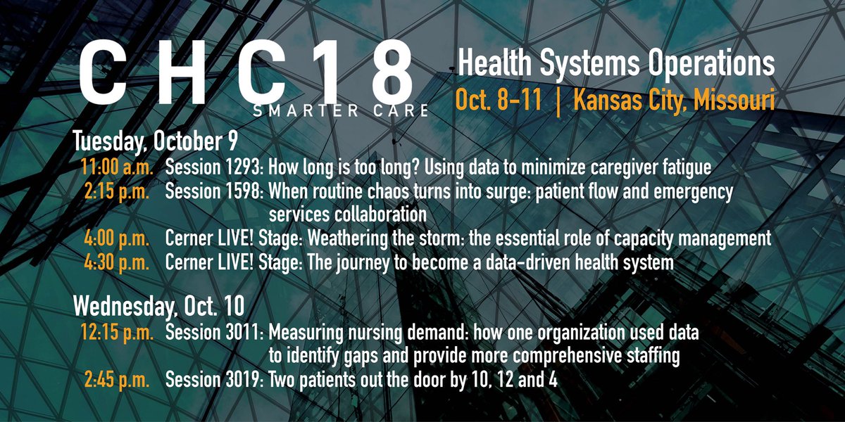 Nate_Kelly1's tweet photo. If you’re coming to @cerner #CHC18 check out our #HealthSystemOperations education sessions. #PatientFlow #WorkforceManagement #DataDriven #AI https://t.co/8UVICFGs4Z