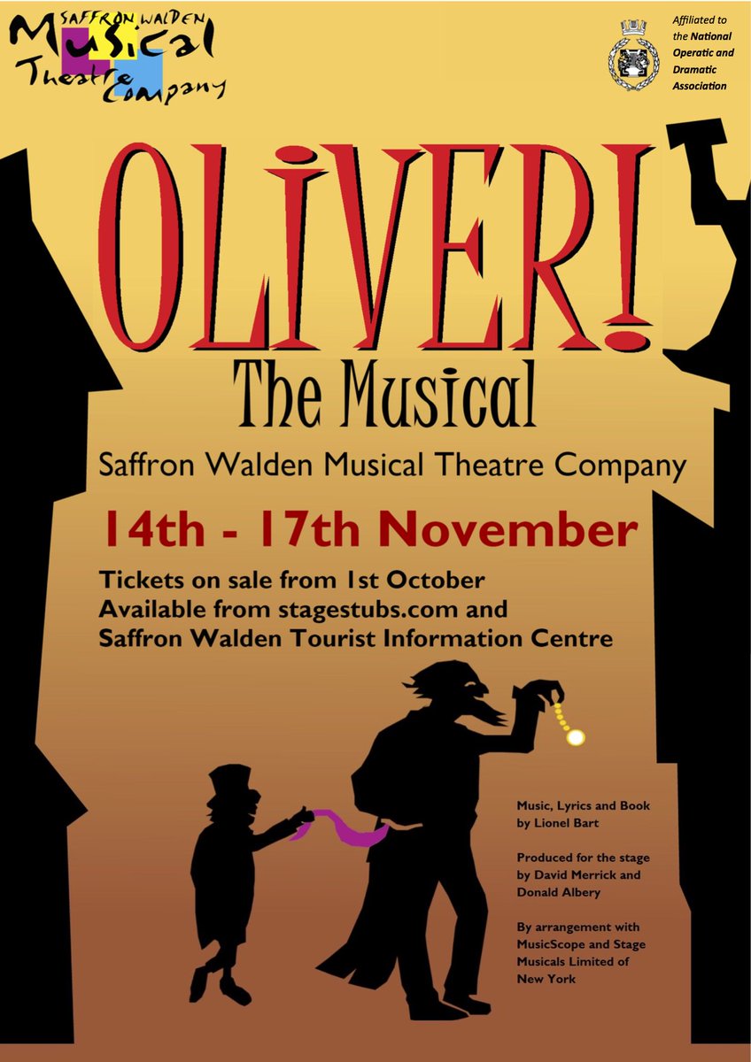 Tickets for <a href="/swmtcsaffwalden/">SWMTC</a> production of #Oliverthemusical go on sale 1st October from <a href="/swtic/">Saffron Walden TIC</a> and stagestubs.com. Show dates 14-17th November at #saffronwalden Town Hall #musicaltheatre #musicals #mysw #amdram