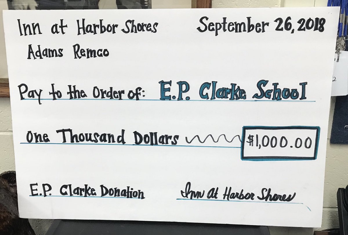 Thank You <a href="/InnHarborShores/">Inn at Harbor Shores</a> for designating our school for a  <a href="/AdamsRemco/">Adams Remco Inc. & Max Davis Associates</a> community giveback $1000 donation!!  ❤️. What a gift!! A#EPCRocks #sjschools