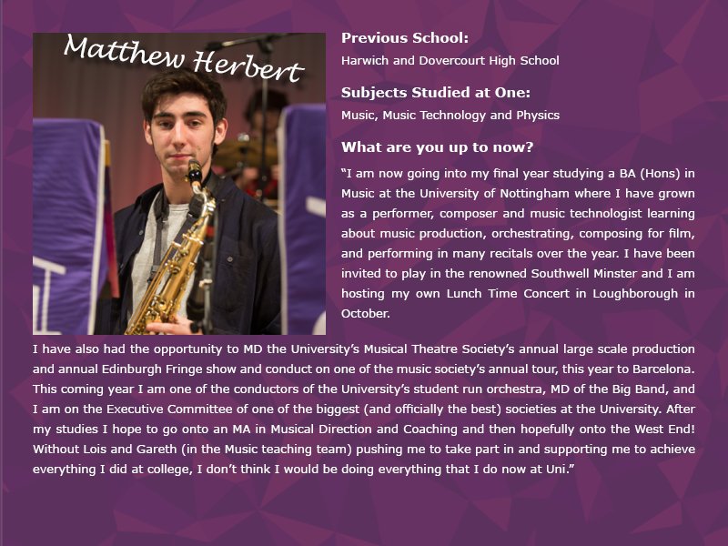 SuffolkOne's tweet photo. Next up in our #alumni series is former Music and Music Technology student, Matthew Herbert! Matthew finished his studies at One in 2016. Take a read of all the amazing things he's been up to since completing A Levels at One! https://t.co/zuePzl023e #OneAlumni https://t.co/wQGSijcZHu