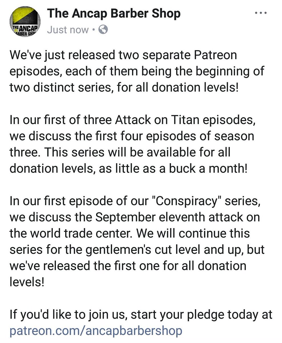 ancapbarber's tweet photo. We've got new stuff for Attack on Titan fans on our Patreon! Also the first episode of our Conspiracy series where we discuss the 9/11 attacks. Check it out at https://t.co/nlBRbIjI2e #ancapbarbergangriseup #attackontitan #anime #weeb #weeaboo #ancap https://t.co/GKwpZbPKZS