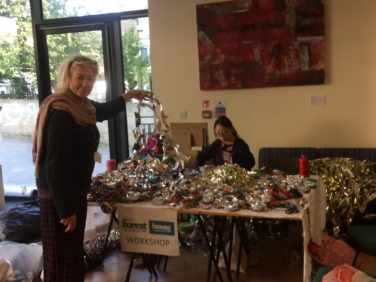 Sarahchave1's tweet photo. Forest building for @forestimaginatn . Reworking crisp and coffee packets with Alison Harper @Aliceundo . This helps to see these unloved and unnoticed materials in new ways #forestof the immagination2018 https://t.co/Xi23v7rbcP