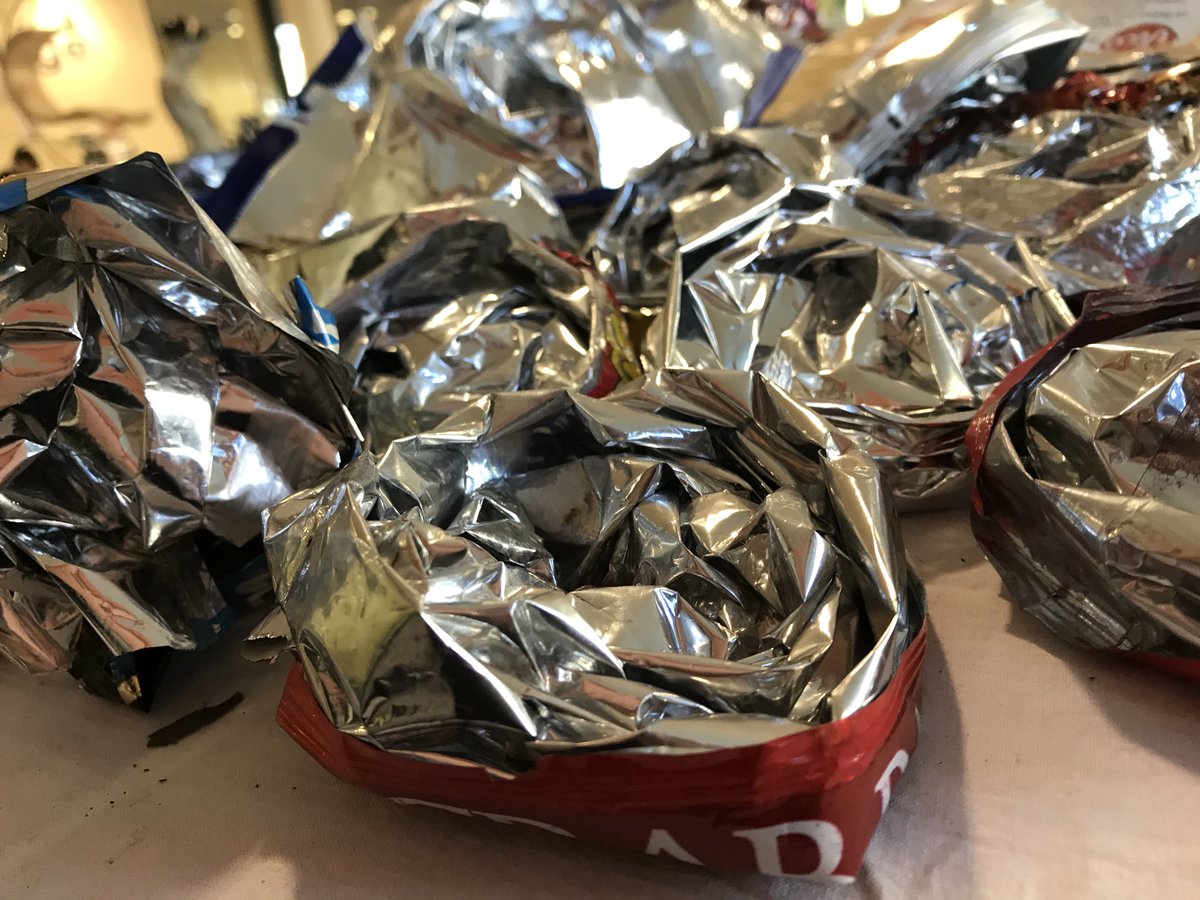 Sarahchave1's tweet photo. Forest building for @forestimaginatn . Reworking crisp and coffee packets with Alison Harper @Aliceundo . This helps to see these unloved and unnoticed materials in new ways #forestof the immagination2018 https://t.co/Xi23v7rbcP