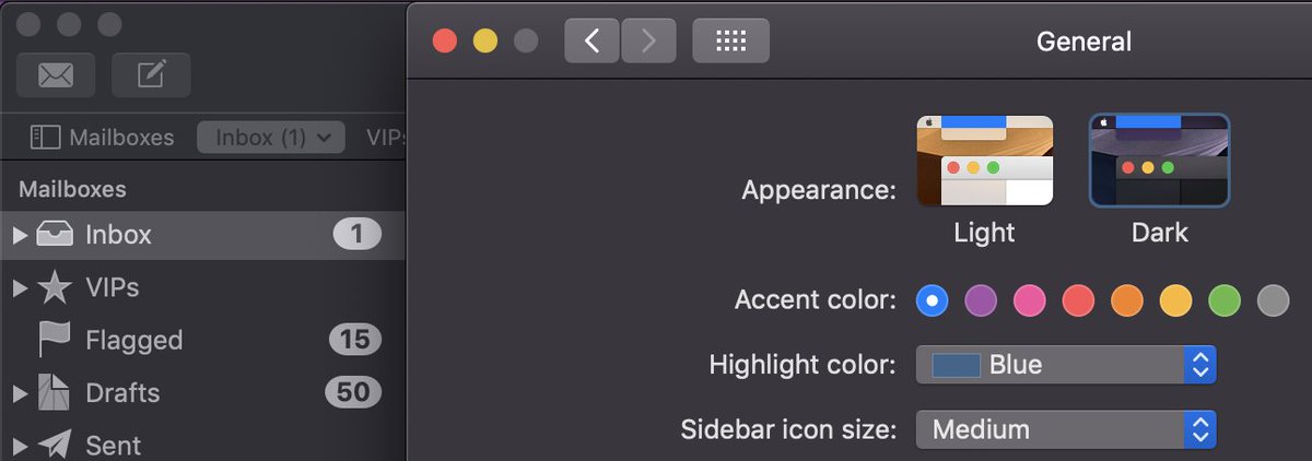 toddmparker's tweet photo. Mojave’s dark mode not quite stealth enough? Changing the accent color from a color to gray seems to darken everything up and makes window buttons monochrome. #batmode https://t.co/vV16McDjpC