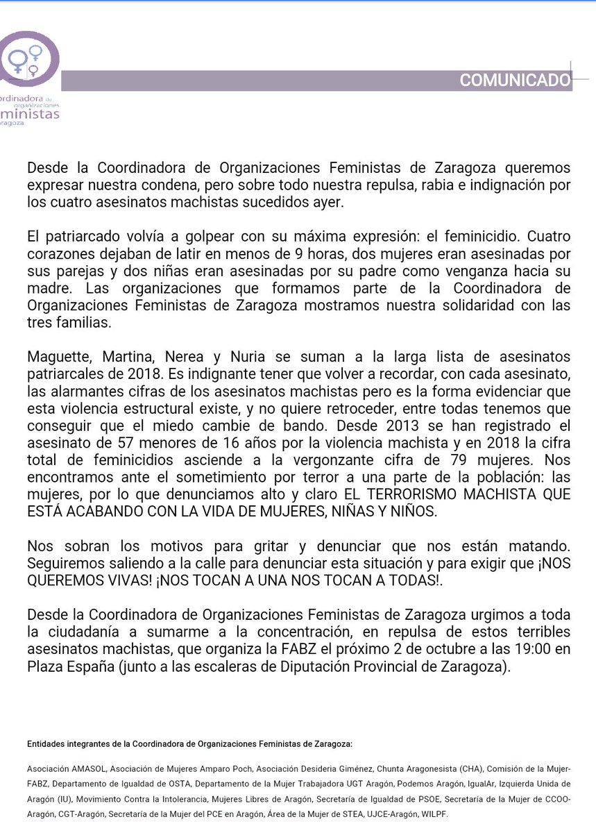 Prox martes #2oct CONCENTRACIÓN contra #ViolenciaMachista org <a href="/mujerfabz/">Comisión Mujer FABZ</a> 19h pz España.
Llamamos a la solidaridad ciudadana a mostrar ntra ➕ contundente repulsa x 4 últimos #Feminicidios en ➖9h
Maguette 25 años
Nerea 6 años
Martina 2 años
Nuria 39 años
#NosQueremosVivas 
Acude!