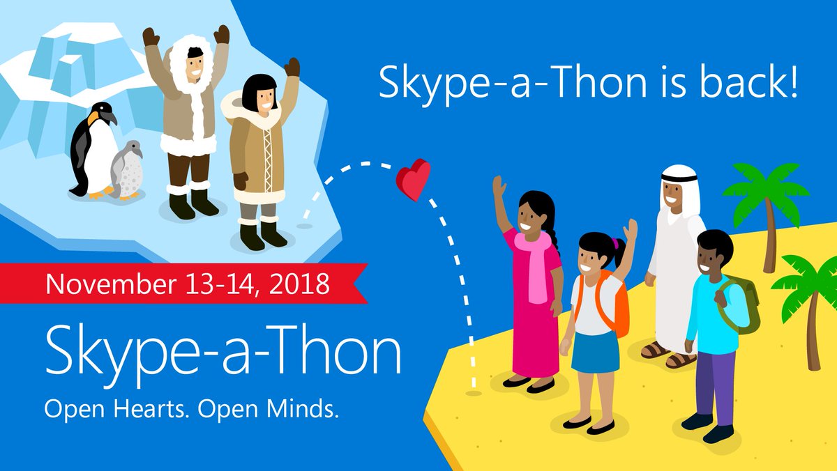 On Nov 13-14, your students can travel the world for 48 hours of global learning with #skypeathon! For every 400 virtual miles traveled, Microsoft and <a href="/WEMovement/">WE</a> will provide school resources for a child in need. Register today! msft.social/4oGfXD #GlobalEd #SkypeClassroom