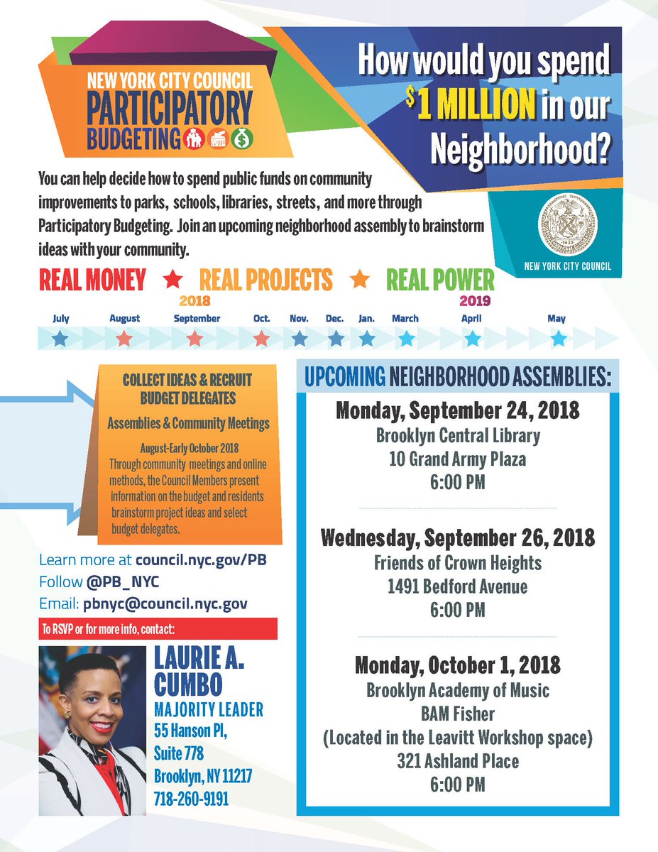 MyrtleAveBklyn's tweet image. Two more community meetings with @cmlauriecumbo are coming up for locals to brainstorm ideas for how $1M should be spent in the neighborhood through the next round of Participatory Budgeting. #RealMoney #RealProjects #RealPower