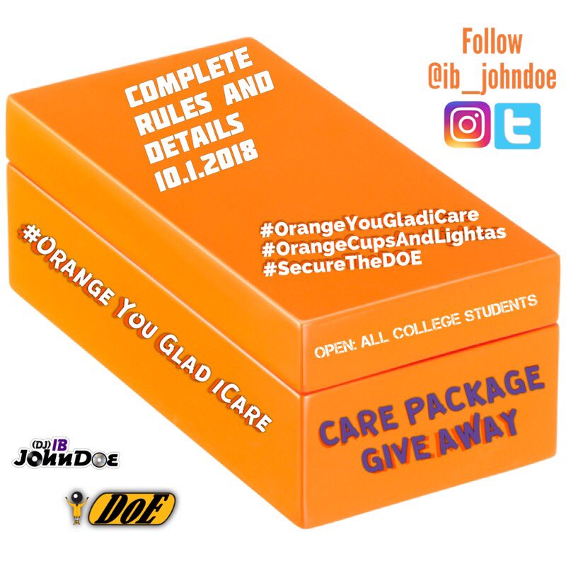 sQr1ppy's tweet photo. DOE IS GIVING BACK‼️ 🍊 
Make Sure You &amp; Your Friends Follow [@ib_johndoe ] For Full Contest Rules And Details 1️⃣0️⃣.1️⃣.1️⃣8️⃣

#OrangeYouGladiCare 
Care Package Giveaway
#OrangeCupsAndLightas
#SecureTheDOE https://t.co/hrJH9gGM5T