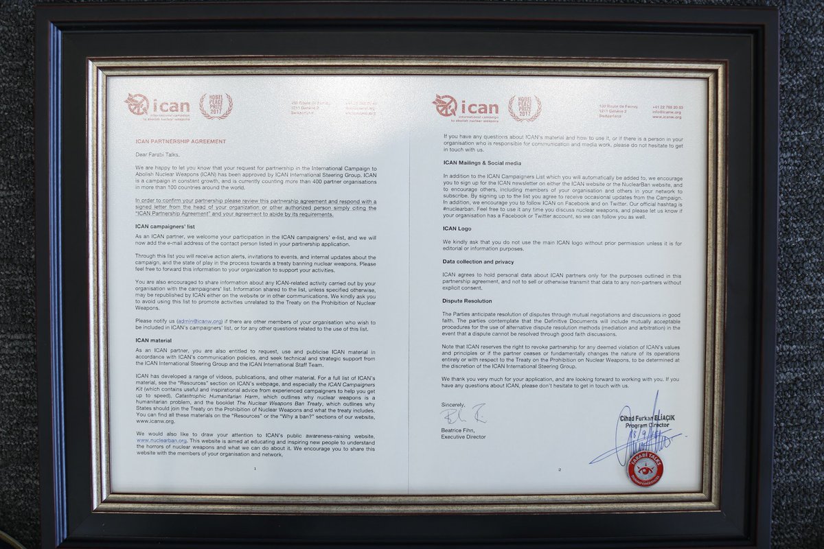 @farabitalks becomes the official partner of the iCAN, 2017 Nobel Peace Prize winner 👍🎉 🏆🎖🏅<a href="/nuclearban/">ICAN</a>