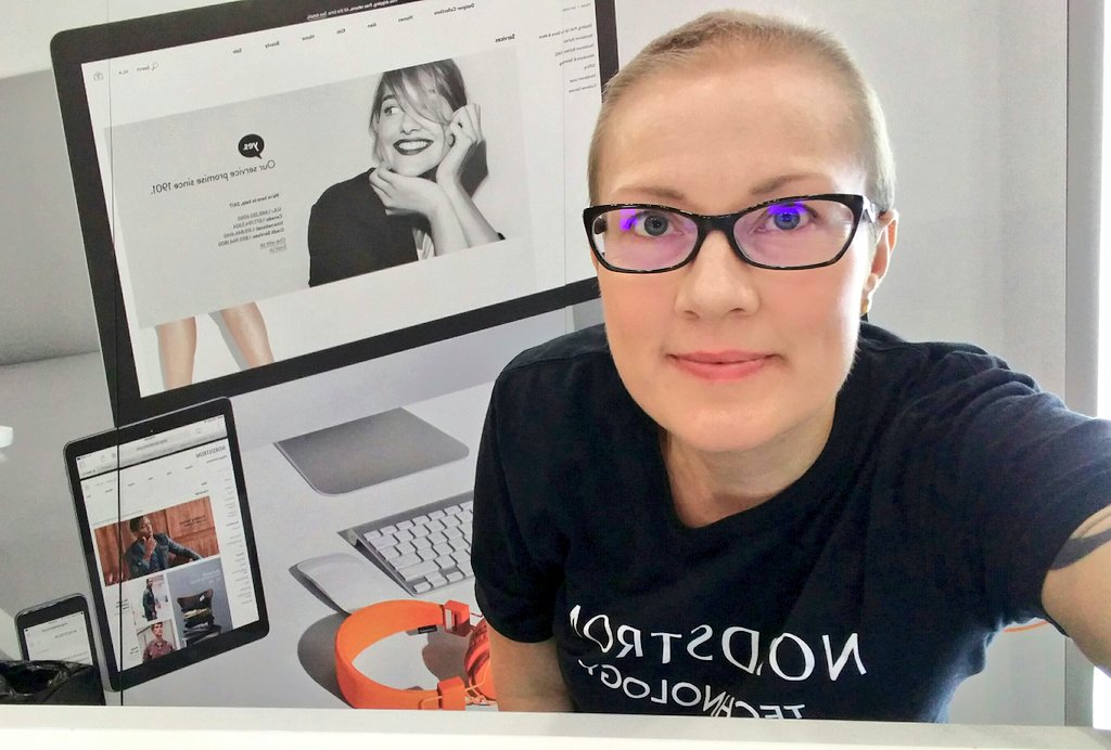 terra_byte's tweet photo. Less hair, but same excitement for #GraceHopper as last year! #cancerFIERCE #womenintech #GHC18 #Nerdstrom #NordstromTech https://t.co/UcYBXIhavY