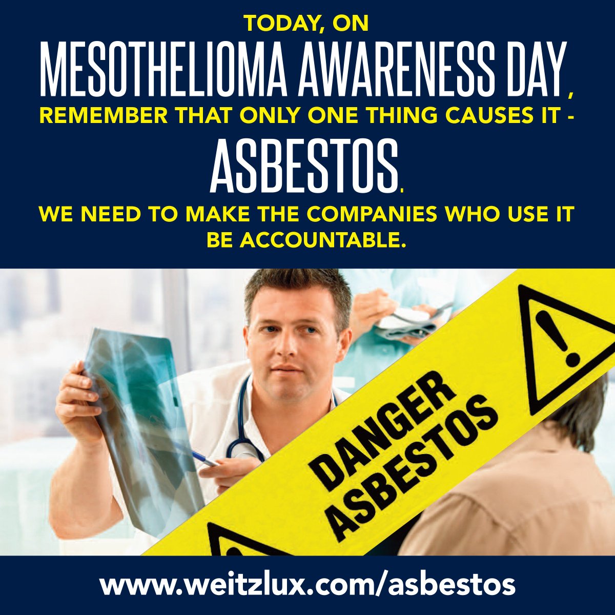 WeitzLuxenberg's tweet photo. Today, on Mesothelioma Awareness Day, remember that only ONE thing causes it - ASBESTOS.

We need to make the companies who use it be accountable.

https://t.co/ajr8wsYISJ

#mesothelioma #mesotheliomaawarenessday #banasbestos #asbestos https://t.co/nEA5RYExQY