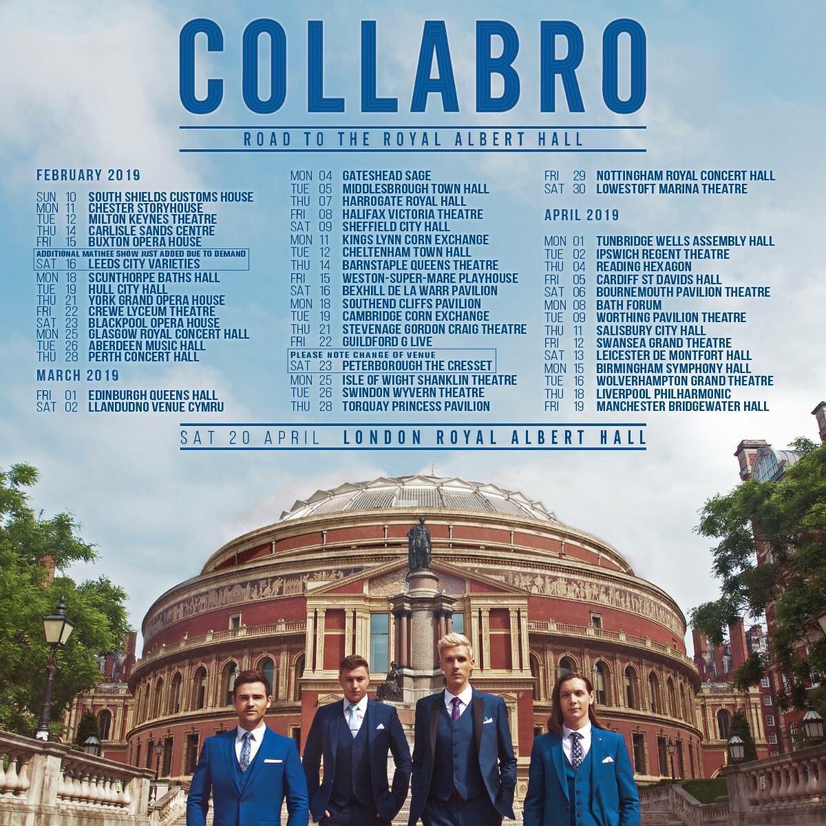 CollabroCAN's tweet photo. See @Collabro on their UK tour in 2019, they’ll be performing songs from their 4th album “Road to the Royal Albert Hall” plus a host of other #MusicalTheatre favourites. There are lots of venues to choose from, get your tickets from: https://t.co/HZQ1ipB8KK #CollabroRAHalbum https://t.co/IPU819fTyU