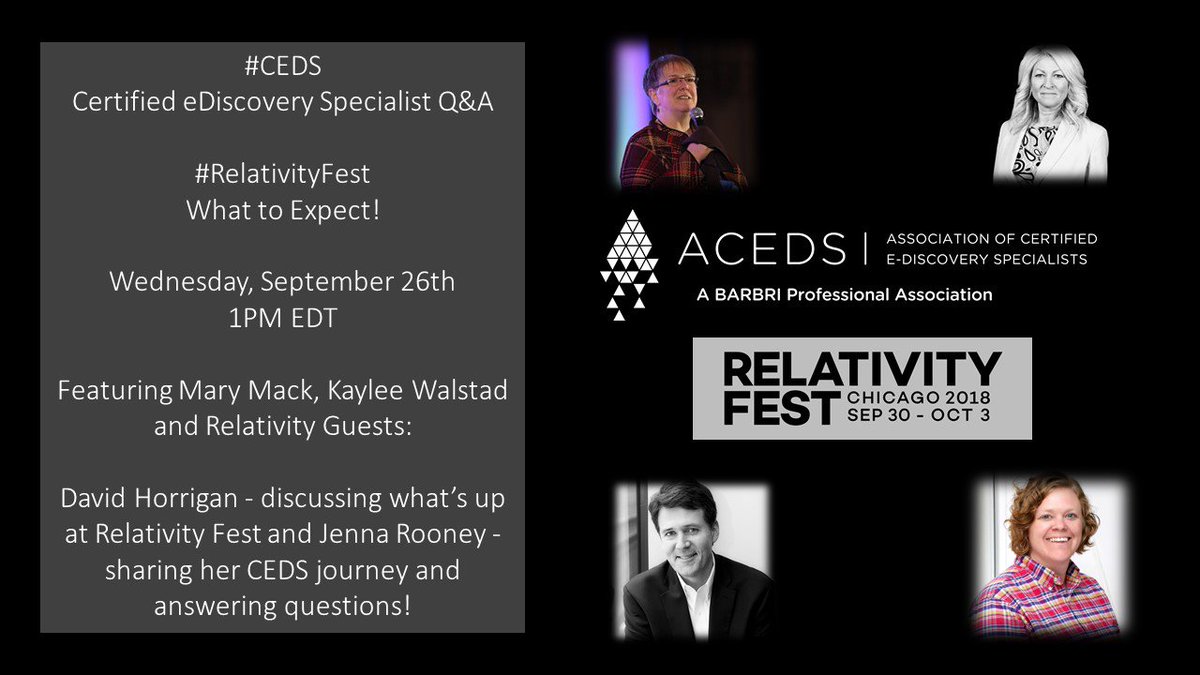DavidHorrigan's tweet photo. Looking forward to joining my @RelativityHQ colleague, @rooneyjl, in a chat with @mackmary & @kayleewalstad of @acedsonline for a preview of @RelativityFest, Today at 1:00 PM ET https://t.co/5UDO2nrS5n … #RelativityFest #eDiscovery #law https://t.co/VzLTHtM8pF