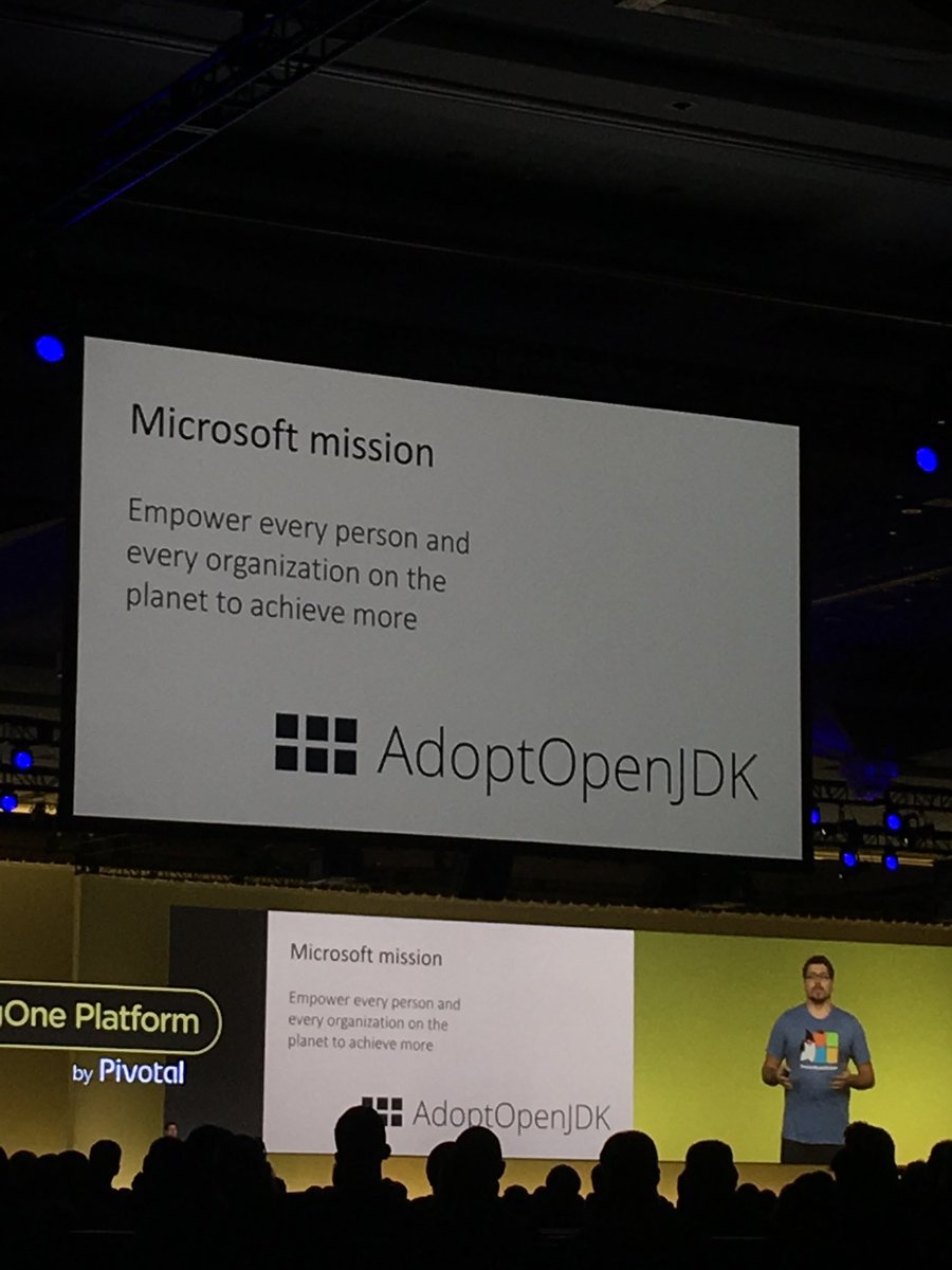 spoole167's tweet photo. #adoptopenjdk gets a mention.  Microsoft keynote at #SpringOne https://t.co/dgjSQuDJAQ