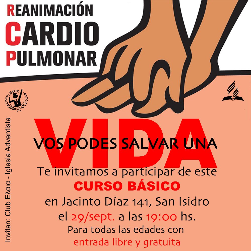 hagigliotti's tweet photo. 🚨 #Urgente 🚨

Vos podes #Salvar una #Vida

Aprendé #RCP básico este 
📅 #sabado 29/09 
🕡 19:00 hs
📫 Jacinto Diaz 141 #SanIsidro
🎟 Entrada libre y gratuita

⛺️ Auspicia #ClubΕλαια e
⛪ #IglesiaAdventista

#FloridaEsteVL #Olivos_VL #LaLucilaVL #Martinez #Boulogne #MiBoN https://t.co/gHkKUPnz9O