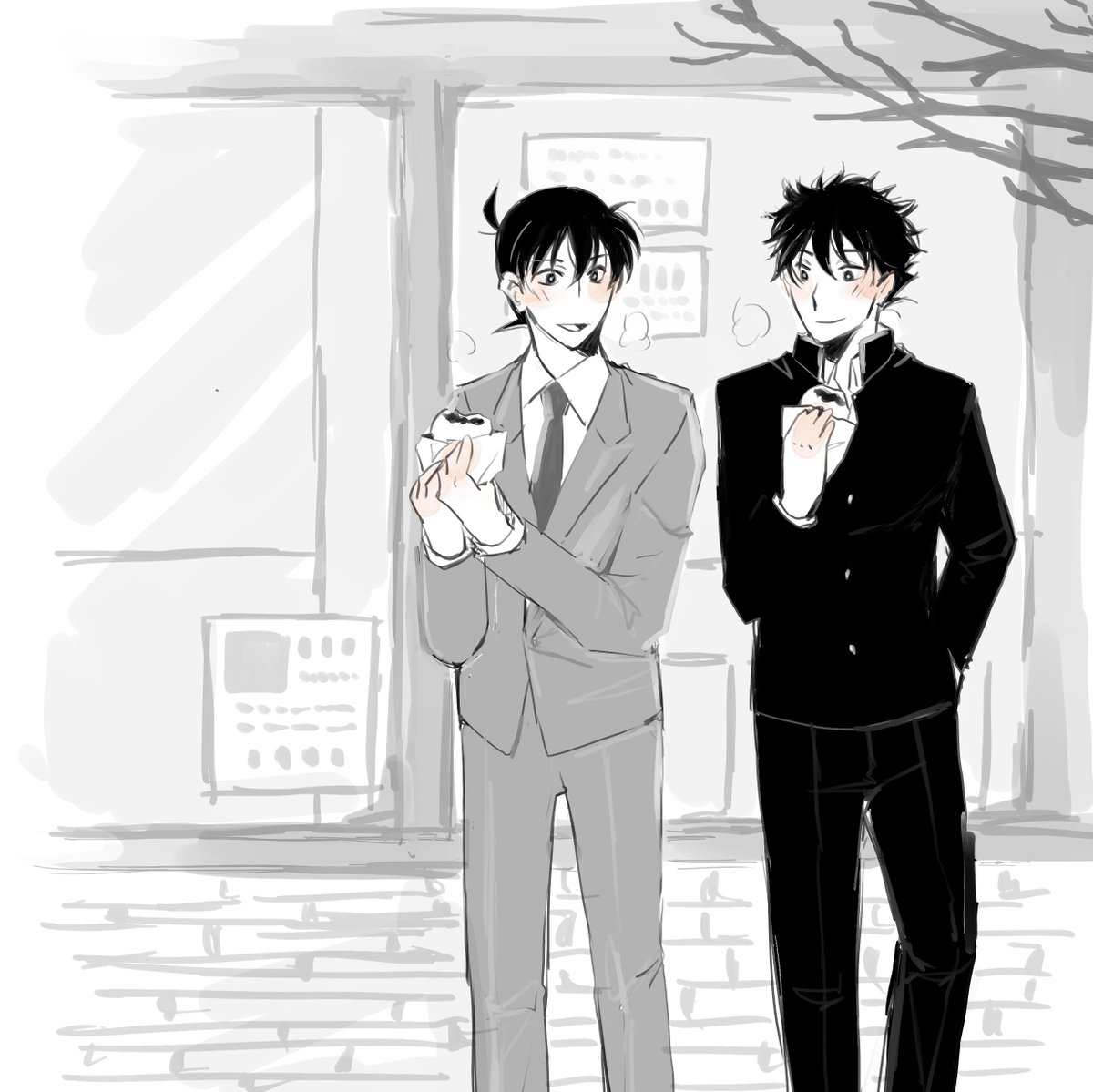 工「たまに食べるとあんまん美味いよな～」
黒「3個ぐらい食わねーと足らねーけどな」
工「わかる」
育ち盛りのふたり 