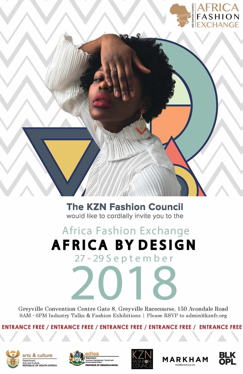 SportArtsCultur's tweet photo. All roads lead to the Greyville Convention Centre for the Africa Fashion Exchange 27 - 29 Sep 2018. All you need to do is send an RSVP via email at admin@kznfc.org. Entrance is free! Department of Arts and Culture proudly supports #AFX2018 https://t.co/B1riodu0BP