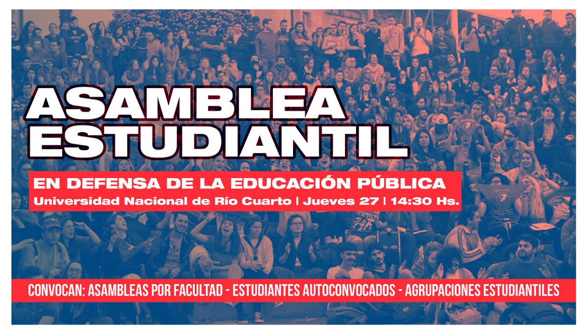 Espacio_UNRC's tweet photo. [ ASAMBLEA ESTUDIANTIL ]

Mañana! A las 14:30 en el comedor de la UNRC!

Veni, te necesitamos para seguir defendiendo la Educación Pública! https://t.co/e94fGTrz9K