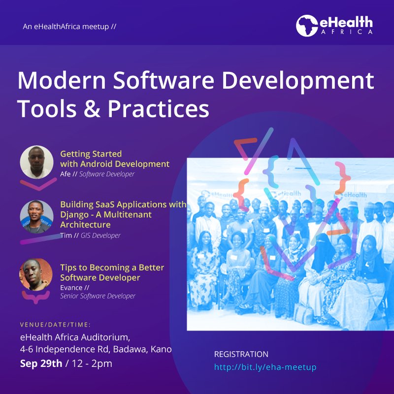 eHealth_africa's tweet image. Are you in Kano and interested software development? Then don&apos;t miss &quot;Modern Software Development Tools &amp;amp; Practices&quot; on Saturday, September 29. 

Sign up on Facebook: ow.ly/rFWT30lYTHE

#eHA #WeAreeHA #GrowthAndLearning #SoftwareDevelopment #GIS #TechForGood