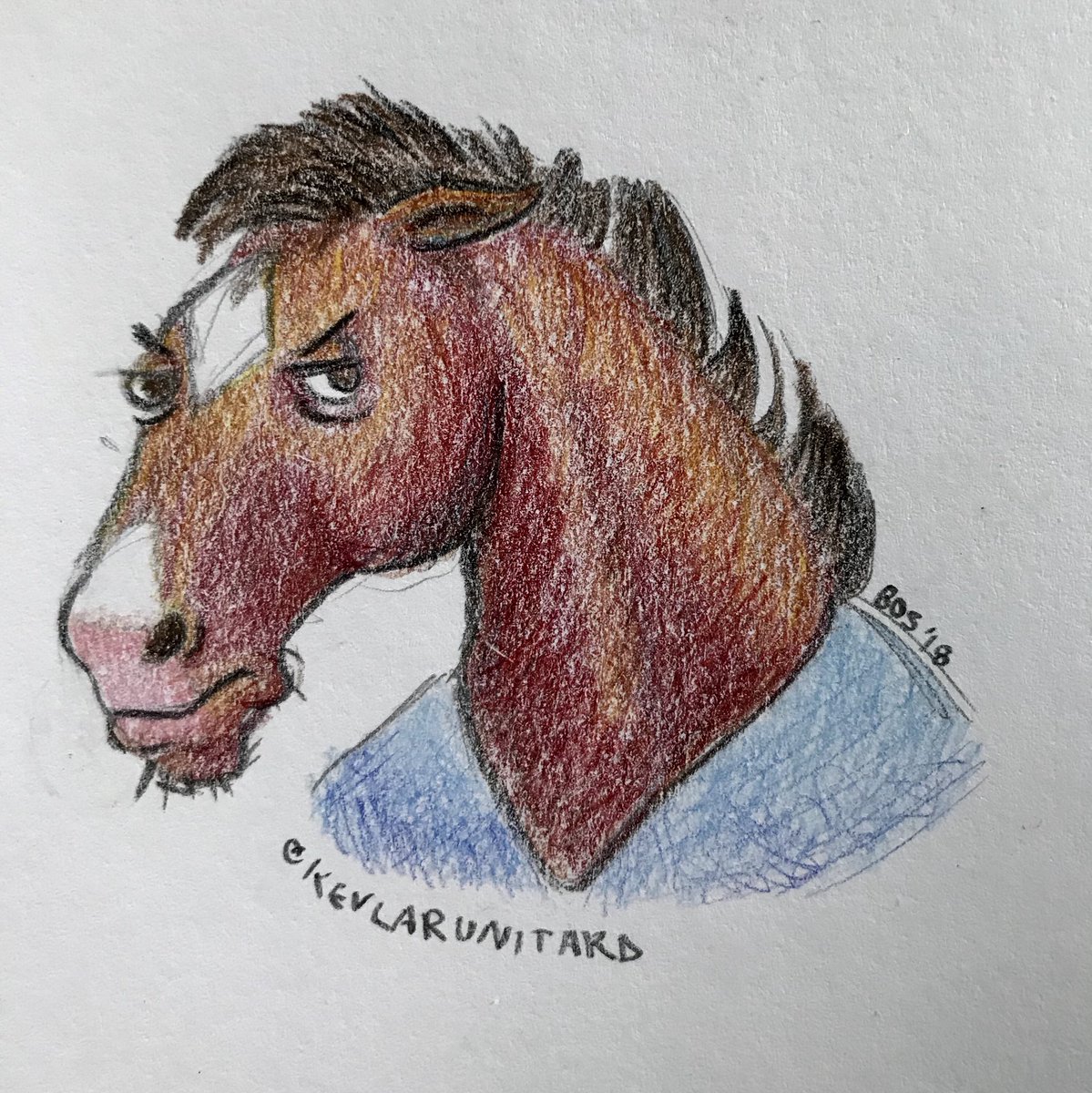 Kevlar_Unicorn's tweet image. Classroom doodle. Trying to do more traditional media because I just love the experience of using real media. Enjoy this depressed horse. #backinthe90s #BoJackHorseman #fanart