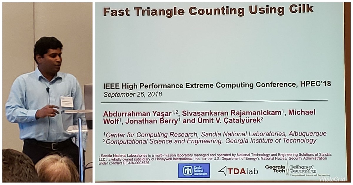 Prof_DavidBader's tweet photo. #GraphChallenge 2018 Champion: Fast #TriangleCounting Using #Cilk, by Abdurrahman Yasar, Sivasankaran Rajamanickam, Michael Wolf, & Jonathan Berry, Umit @Catalyurek @GTCSE #HPEC2018 @IEEEorg @DARPA @AWScloud #Graph #Analytics
https://t.co/YZslAAfi82 https://t.co/4gDV51o3dV