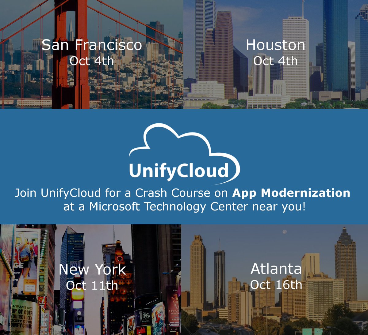 UnifyCloudLLC's tweet photo. Join us in October at the following #Microsoft Technology Center Events for our workshop on Modernizing Web &amp; Mobile Apps!
https://t.co/KvLChShfnL

 #Azure #Office365 #DigitalTransformation #CloudComputing #CloudServices #WebApp #MobileAppDevelopment #webdevelopment https://t.co/zeGvIwDxmx